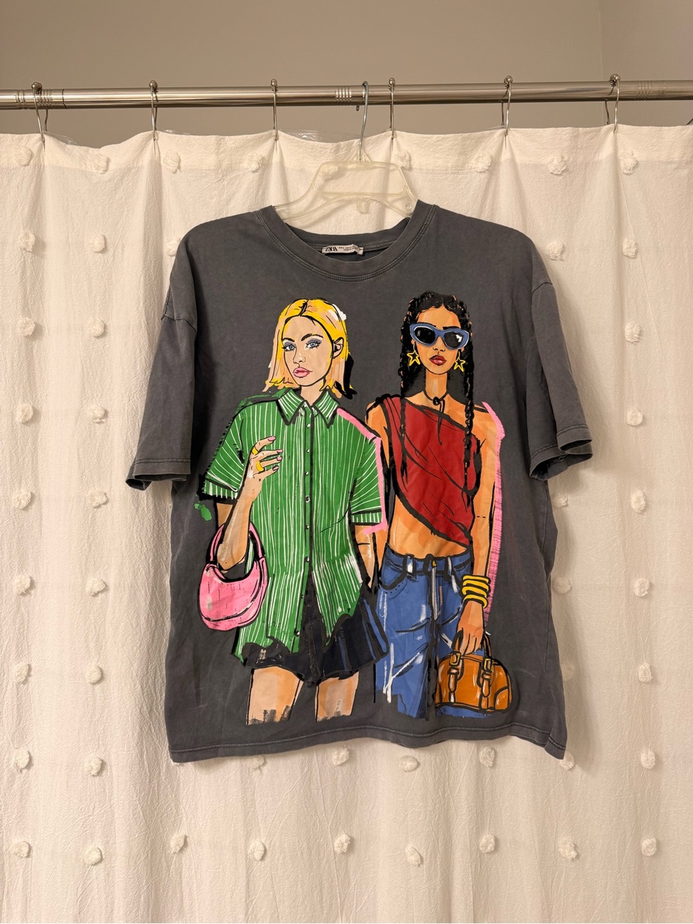 Zara Charcoal Short-Sleeve Tee with Green, Red & Pink Graphic